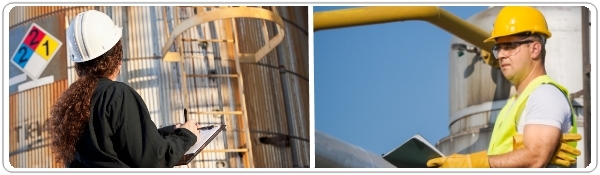 Tank Certification banner depicting inspectors looking at aboveground storage tanks.