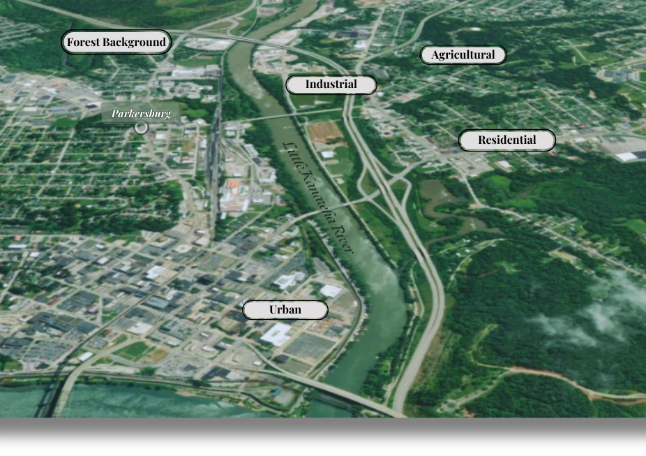 Google Earth aerial view of Parkersburg, WV with industrial, forested, residential, agricultural, and urban areas indicated.